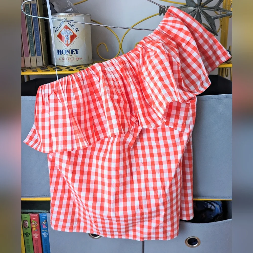 NWT J. Crew One Shoulder Ruffle Checked Top - Picture 1 of 6
